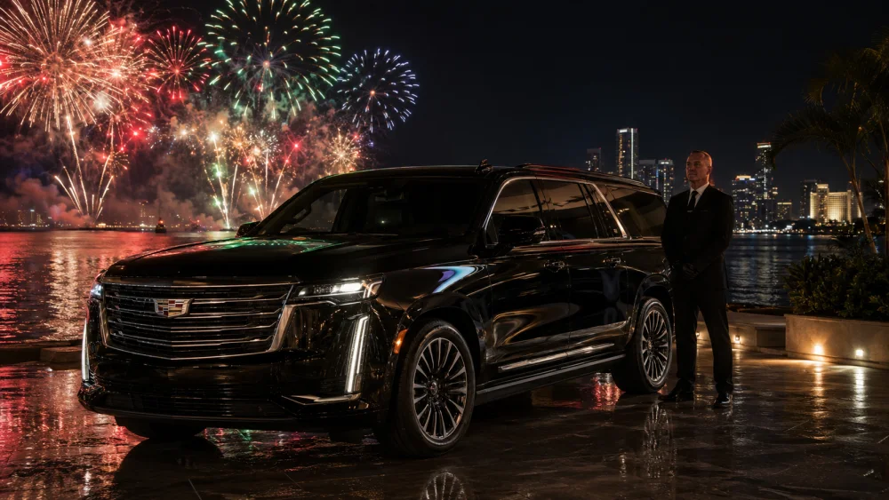 A black luxury SUV with a professional chauffeur
